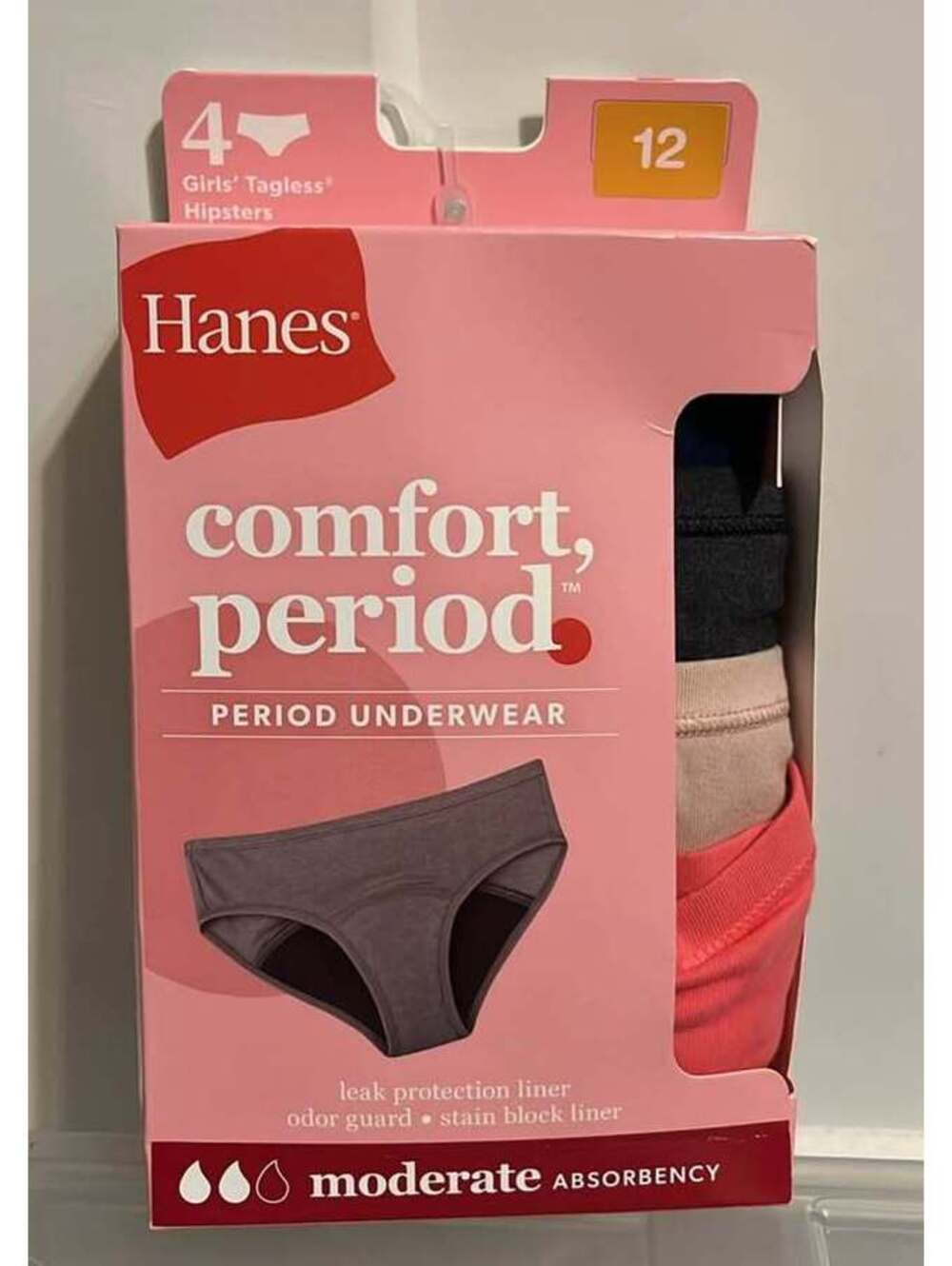 Hanes comfort, period underwear pack of 4 girls tagless hipsters size 12